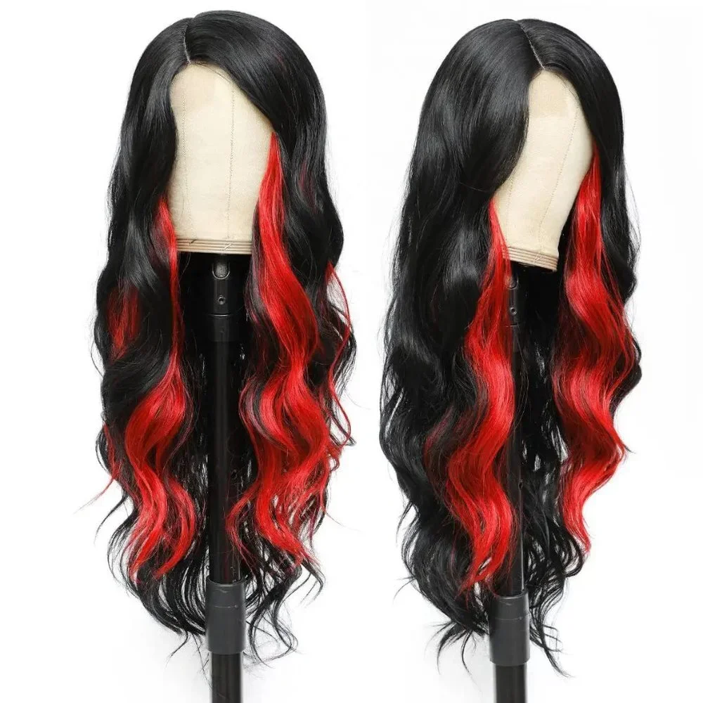 Black With Red Highlight Full Lace Wig
